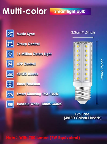 5V Low-voltage Smart LED Light Bulb, Dimmable E26 Screw Base Bulb with Remote Control, 48 Colorful Beads 16 Million Colors 7W Light Bulbs with APP Control & Music Sync & Timer for Bedroom Lamp(2-Pack)