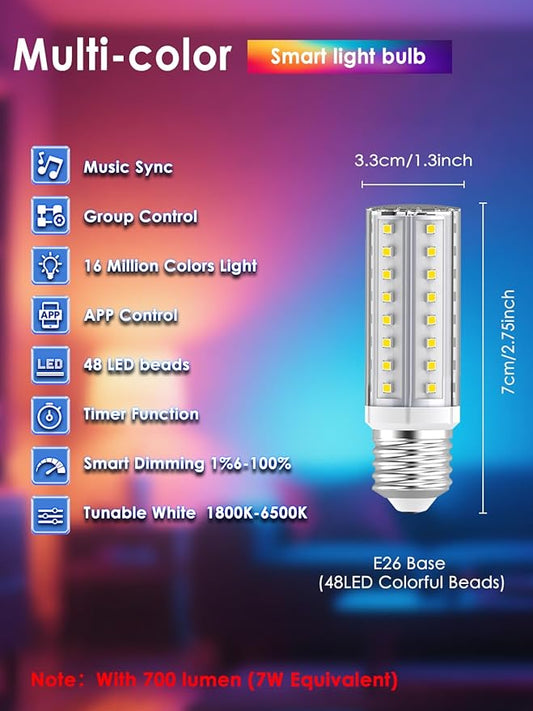 5V Low-voltage Smart LED Light Bulb, Dimmable E26 Screw Base Bulb with Remote Control, 48 Colorful Beads 16 Million Colors 7W Light Bulbs with APP Control & Music Sync & Timer for Bedroom Lamp(2-Pack)