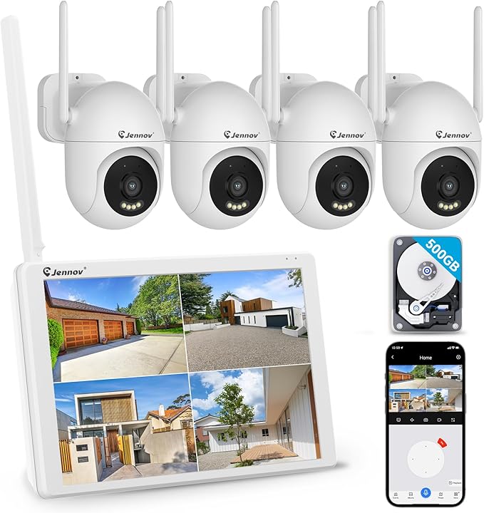 Jennov 5MP Wireless Security Camera System with Monitor, 4 Outlet-Powered Cameras, 10CH NVR Kit with 500GB HDD, Night Vision, Motion Detection, IP66, No Subscription, Home Surveillance Indoor Outdoor