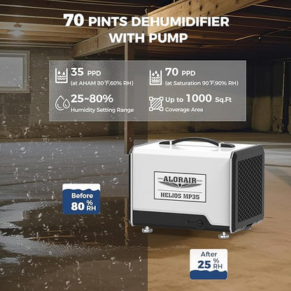 ALORAIR 70 Pints Crawl Space Dehumidifier with Pump and Drain Hose, Compact Basement & Commercial Dehumidifier for Water Damage Restoration, Covers Up to 1,000 Sq. Ft., 5-Year Limited Warranty