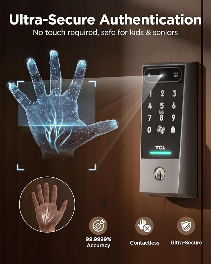 TCL Palm Vein Smart Lock D2 Pro, Wi-Fi Keyless Entry Deadbolt Door Lock, Built-in Doorbell, Key Fob, App Control, Auto Lock, Rechargeable Battery, Works with Alexa & Google Lock for Front Door