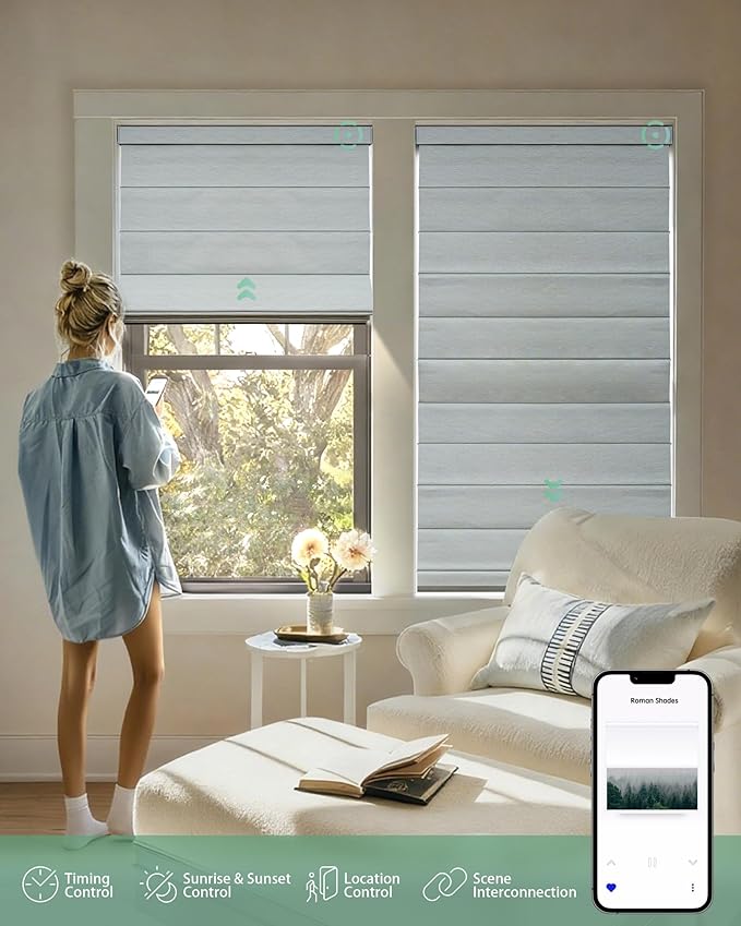 Yoolax Motorized Roman Shades with Remote, Smart Roman Shades for Windows, Blackout Automatic Blinds Work with Alexa, Google, Apple Homekit for Living Room Bedroom, Customized (Foggy Thread)