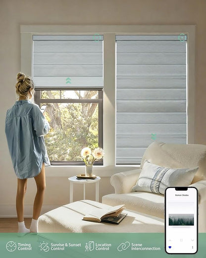 Yoolax Motorized Roman Shades with Remote, Smart Roman Shades for Windows, Blackout Automatic Blinds Work with Alexa, Google, Apple Homekit for Living Room Bedroom, Customized (Foggy Thread)