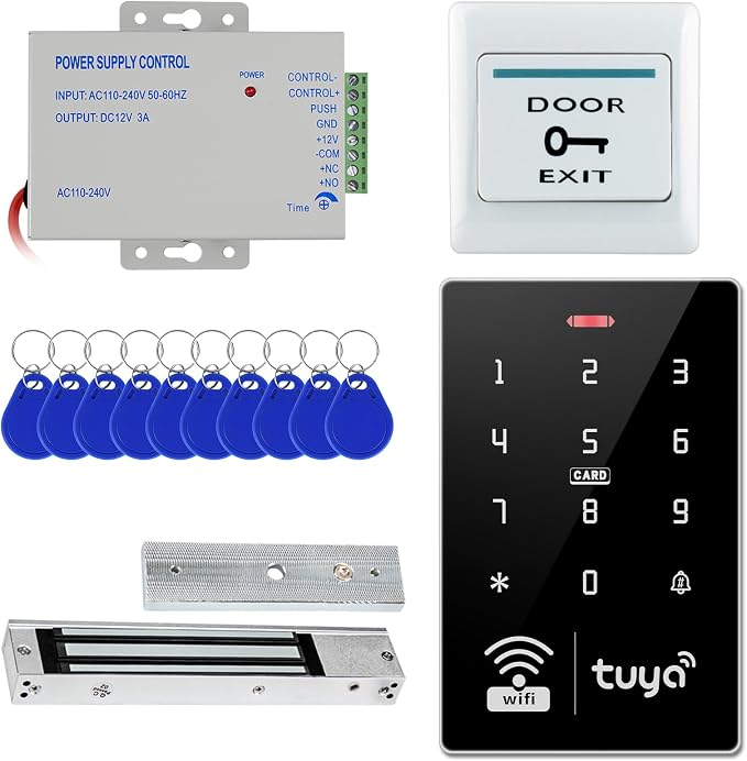 Tuya Access Control Kit w 600lbs Magnetic Lock | Complete kit incl keypad, 600lbs lock, exit button, 36W PSU, IP68, 1000 users, IC/ID, 10 blue cards