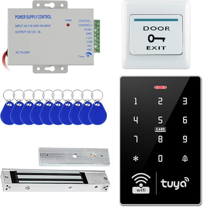 Tuya Access Control Kit w 600lbs Magnetic Lock | Complete kit incl keypad, 600lbs lock, exit button, 36W PSU, IP68, 1000 users, IC/ID, 10 blue cards