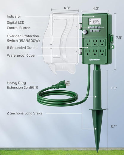DEWENWILS Outdoor Power Stake Timer, Programmable Digital Timer, 6 Outlets | 1800W/15A Heavy Duty, 6ft Cord, Waterproof Cover, Overload Protection, Works for Yard, Garden, Patio Lights, ETL Listed