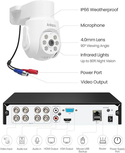Anlapus 4K Wired Security Camera System, 4pcs 8MP 360° Pan/Tilt Cameras Outdoor Indoor, Human Vehicle Detection, Night Vision, 8CH Surveillance CCTV DVR with 1TB HDD for 24/7 Video & Audio Recording