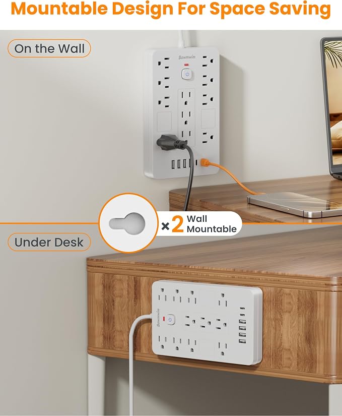 2 Pack Surge Protector Power Strip - 11 Outlets(1850W/15A/14AWG) with 6 USB Ports(2 USB C), 6FT Flat Plug Extension Cord, Wall Mount, White,Listed for Home, Dorm Room