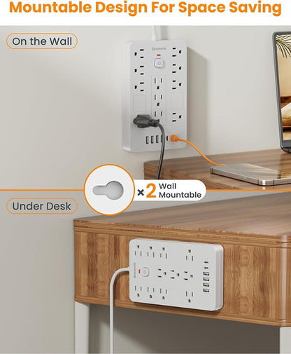 2 Pack Surge Protector Power Strip - 11 Outlets(1850W/15A/14AWG) with 6 USB Ports(2 USB C), 6FT Flat Plug Extension Cord, Wall Mount, White,Listed for Home, Dorm Room