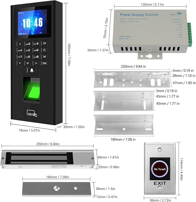 Complete Biometric Fingerprint Security Access Control System Kit, RFID Keyboard Door Lock, Time and Attendance System, Smart Remote Control Door Opener, 600-Pound Electromagnetic Lock + ZL