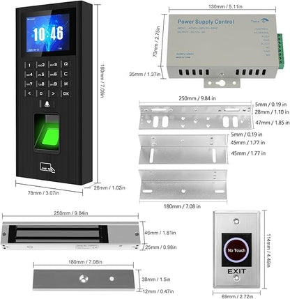 Complete Biometric Fingerprint Security Access Control System Kit, RFID Keyboard Door Lock, Time and Attendance System, Smart Remote Control Door Opener, 600-Pound Electromagnetic Lock + ZL