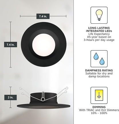 Designers Fountain LED Recessed Ceiling Light, 5/6 Inch 5CCT Metal Lighting Fixture, Dimmable, 1000 Lumens, 2700K/3000K/3500K/4000K/5000K, Black Baffle Retrofit Trim, EVL61093T50BK