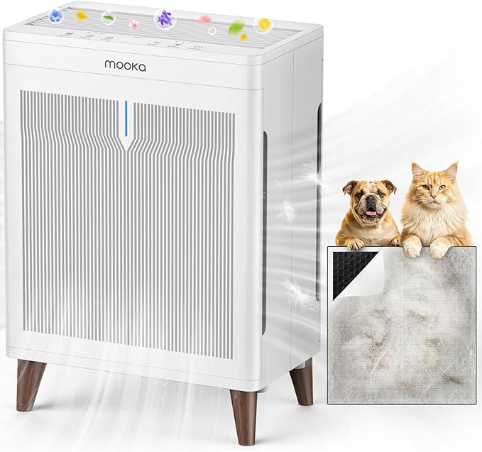 MOOKA Air Purifiers for Home Bedroom Large Room 3000 Ft², Double-Sided HEPA Air Cleaner with Washable Pre-Filter, PM2.5 Air Quality Monitor, Auto Mode, 20dB Air Filter for Pets Hair Odor Dust, HKB320F