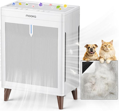 MOOKA Air Purifiers for Home Bedroom Large Room 3000 Ft², Double-Sided HEPA Air Cleaner with Washable Pre-Filter, PM2.5 Air Quality Monitor, Auto Mode, 20dB Air Filter for Pets Hair Odor Dust, HKB320F