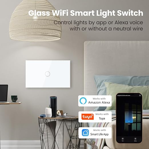 Smart Switch Neutral Wire Optional,APP Control,White 1 Button | 4.65 X 2.83 X 1.34 Inches,Only 2.4GHz Wi-Fi,Voice Control,Work with Tuya/Smart Life/Alexa,Tempered Glass Panel