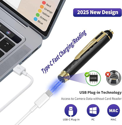 1080P Body Camera Pen, 64GB Metal Spy Pen Hidden Camera, Small Nanny Cam with 280 Minutes Battery Life for Home Indoor Security