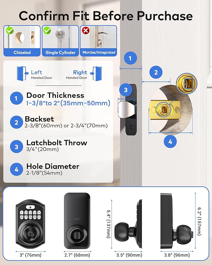 TEEHO TE018 Smart Door Knob with Keypad, App Control, Keyless Entry Digtal Door Lock with Handle, Remote Share One-Time Code, Auto Lock, Easy Installation for Front Door, Bedroom, Rental, Matte Black