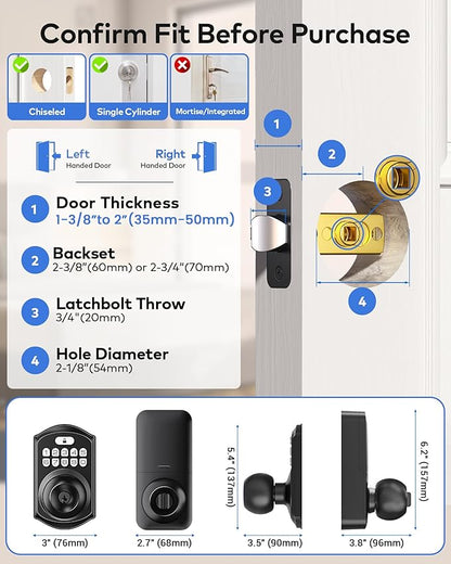 TEEHO TE018 Smart Door Knob with Keypad, App Control, Keyless Entry Digtal Door Lock with Handle, Remote Share One-Time Code, Auto Lock, Easy Installation for Front Door, Bedroom, Rental, Matte Black