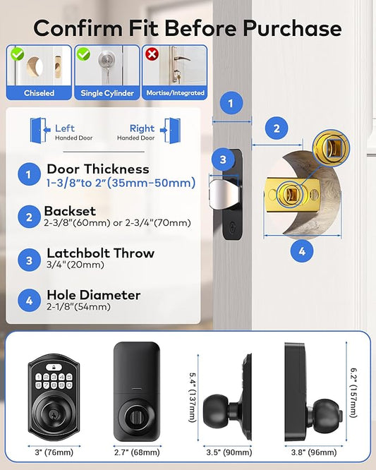 TEEHO TE018 Smart Door Knob with Keypad, App Control, Keyless Entry Digtal Door Lock with Handle, Remote Share One-Time Code, Auto Lock, Easy Installation for Front Door, Bedroom, Rental, Matte Black