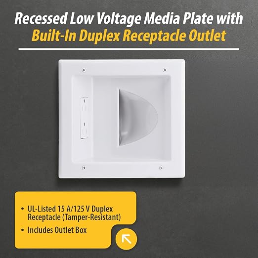 DATA COMM Electronic 45-0031-WH Recessed Low Voltage Media Wall Plate w/ Built-In Duplex Receptacle Outlet, Cable Management - Elevate Your Home Entertainment w/ Stylish White Panel