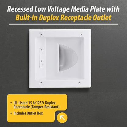 DATA COMM Electronic 45-0031-WH Recessed Low Voltage Media Wall Plate w/ Built-In Duplex Receptacle Outlet, Cable Management - Elevate Your Home Entertainment w/ Stylish White Panel