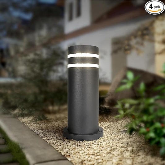 ASD 12" Round Bollard Light Fixture, Outdoor Pathway Floor Lamp | Antiglare, Waterproof, ETL Listed | 60W E26 Bulb Socket 120V | Landscape Hardwired Lighting, Exterior Post Lantern | Black, 4 Pack