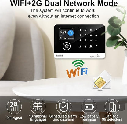 Home Alarm System with Camera, 23 Pieces Wireless WiFi/GSM SMS Home Security System with Motion Detector, 120dB Alarm Siren, Remote Control, Doorbell Button and SOS Button for Villa,Warehouse