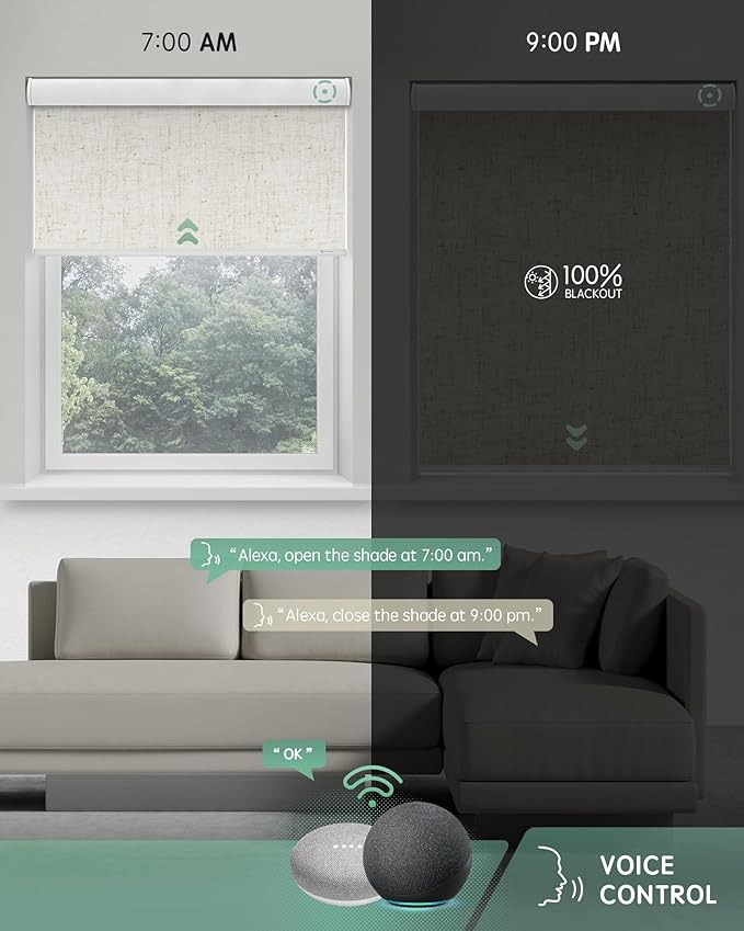 Yoolax Motorized Blinds with Remote, 100% Blackout Smart Blinds for Bedroom Home Office, Automatic Roller Window Shades Work with Alexa Voice Control, with Valance (Linen Beige, 32" W x 72" H)
