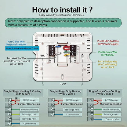 WiFi Thermostats for Home Smart Thermostat Single-Stage 1Heat/ 1Cool, APP Remote Control, 7-Day or 0-Day Programmable. (C-Wire Required)