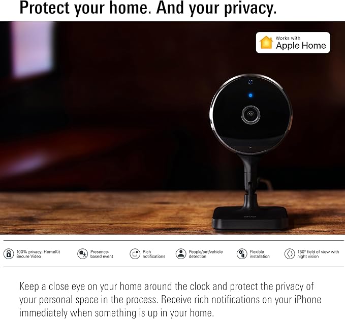 Eve Cam (2 Pack, Apple Home) – Smart Indoor Camera, 1080p Resolution, Wi-Fi, 100% Privacy, HomeKit Secure Video, iPhone Notifications, Microphone and Speaker, Night Vision, Flexible Installation