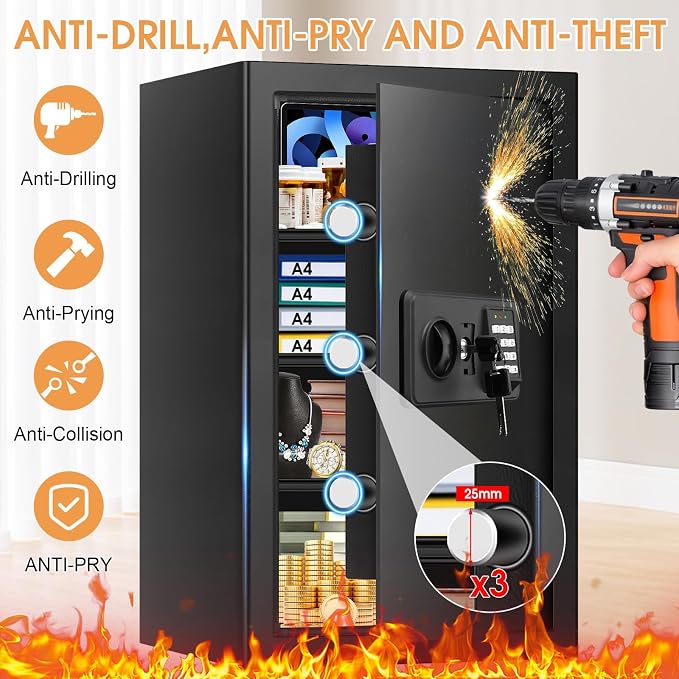 5.2 Cub Large Fireproof Safes for Home Use, Digital Security Safe Home Safes Fireproof Waterproof with Combination Lock and 3 Removable Shelves, Anti-Theft Fire Safe Box for Document Money Valuables