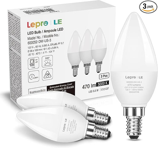 Lepro E12 LED Candelabra Light Bulbs, 5000 Kelvin Daylight White 5.5 watt, 40 watt Equivalent B11 C37 Ceiling Fan Bulb Chandelier Bulbs, Type B Small Base Candle Lights, Plastic, Not-dimmable, 3-Pack
