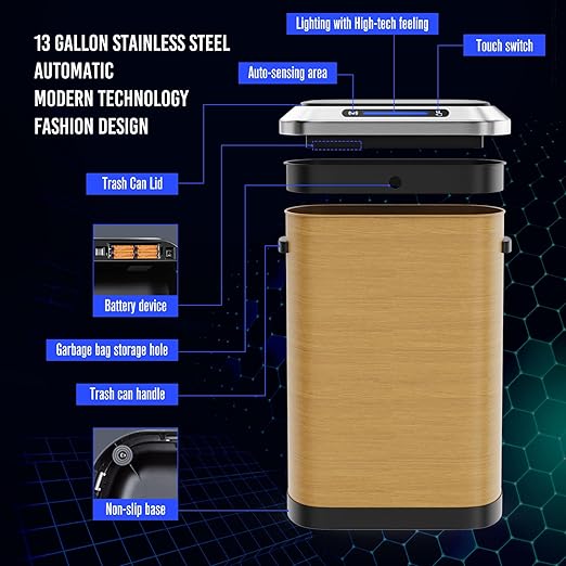 pouseayar 13 Gallon Smart Automatic Trash Can with Lid, Stainless Steel Thickened Body & Super Mute Sensor Lid with 30 Count Garbage Bags for Kitchen Office Bedroom Waste Bin and More - Wood Color