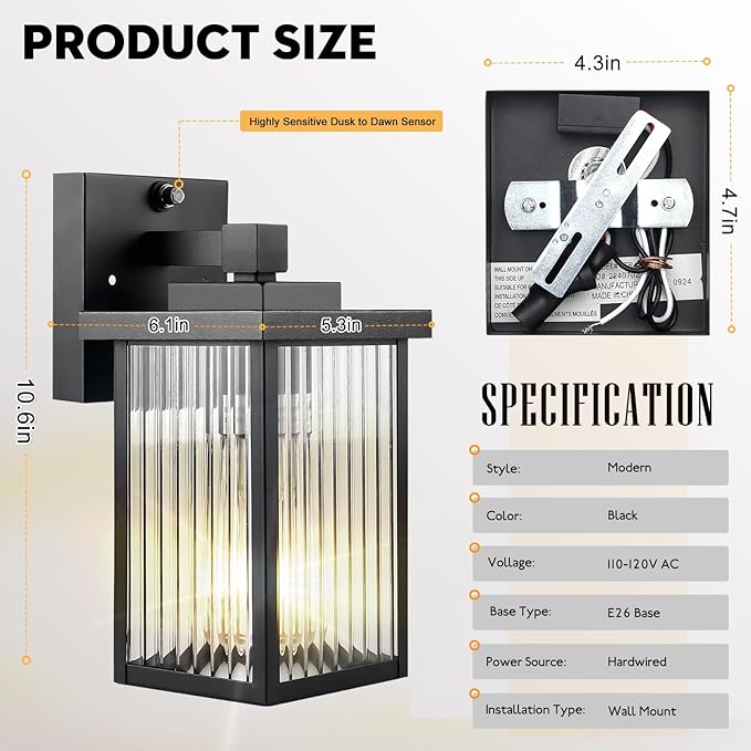 Dusk to Dawn Outdoor Wall Light Fixture, Waterproof Exterior Porch Light with Tempered Glass for House Front Door Garage Patio