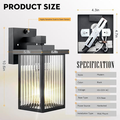 2 Pack Dusk to Dawn Outdoor Lighting, Modern Wall Sconce with Textured Glass, Waterproof IP65 Exterior Light Fixture, Soft Glow Warm Ambiance for Front Door Porch Garage, 10.6 Inch Height, Black
