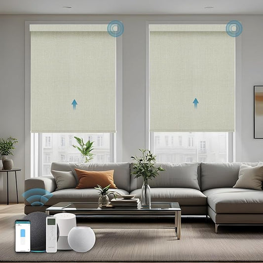 Motorized Roller Shade, 100% Blackout Smart Window Blinds Work with Homekit, Alexa, Google Home, Remote Control, Electric Blinds with USB/Solar Pannel Charging, Gentle Cream
