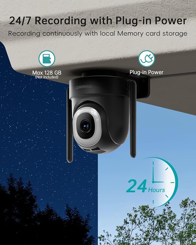 ZUMIMALL 2K 3MP Wired Outdoor Camera, 2.4G/5G WiFi Security Camera, 24/7 Recording, AI Motion Detection, Cloud & SD Card Storage, 2-Way Audio, 360° PTZ Auto Tracking, Compatible with Alexa (Black)