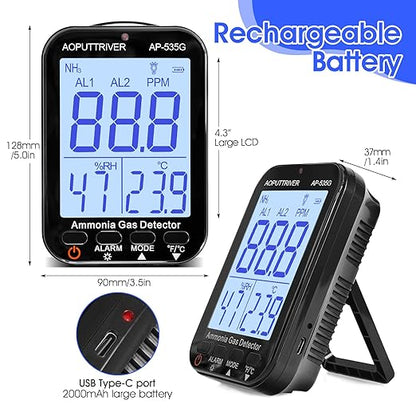 Portable Ammonia Gas Detector,0~100 PPM Rechargeable NH3 Gas Meter for Farms, Poultry, Swine| LCD Backlight with Temperature (°F/°C) and Humidity Display