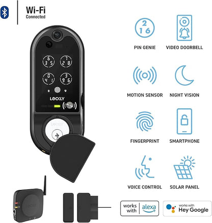 Lockly Vision Elite - WiFi Video Smart Lock with Night Vision Camera, Motion Sensor, Biometric Fingerprint, Voice Control, App Remote Control, Doorbell, Solar Panel, Digital Keypad, Matte Black