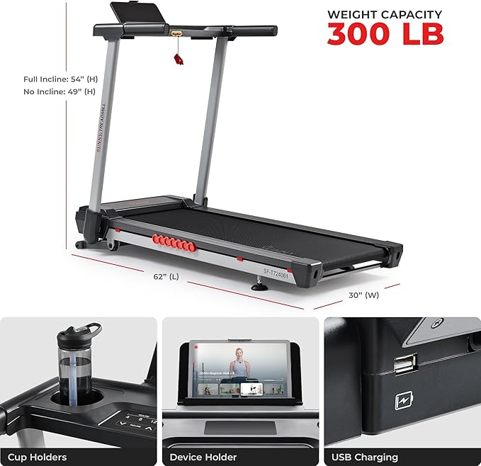 Sunny Health & Fitness Exercise Treadmills Double Deck Sizes and Incline Features with Bluetooth & SunnyFit App