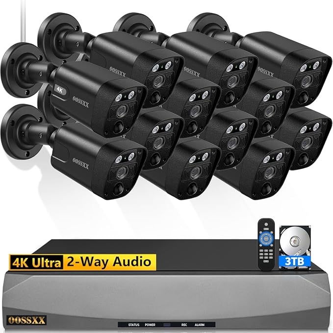 OOSSXX (2026 Update) 4K PoE Security Camera System w/PIR & AI Human Detection, 12CH NVR w/ 3TB HDD, 4 Cameras, 130° Ultra Wide Angle, 45-Day Recording, 2-Way Audio, Remote Control, No Monthly Fee