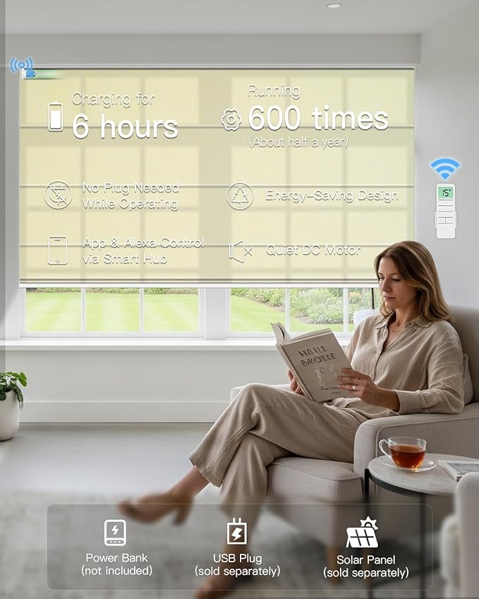 Motorized Roman Shades for Windows, Custom Light Filtering Roman Blinds with Remote, Smart Privacy Window Shades for Living Room Kitchen Office, Alexa & Google Home Compatible, App Control via RF Hub