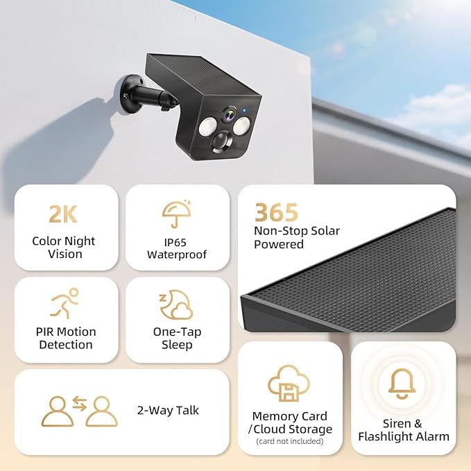Solar Security Cameras Wireless Outdoor, 2K Battery Powered, Cloud/SD Storage, Built-in Solar, IP65 Waterproof, AI Motion, Color Night Vision, Outside WiFi Cameras for Home Security 2-Pack