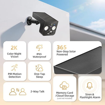 Solar Security Cameras Wireless Outdoor, 2K Battery Powered, Cloud/SD Storage, Built-in Solar, IP65 Waterproof, AI Motion, Color Night Vision, Outside WiFi Cameras for Home Security 2-Pack