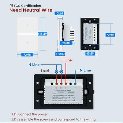 Smart Light Switch Need Neutral Wire,FCC Certified,2.4GHz WiFi Push Button Switch Compatible with Alexa,APP Control Compatible with Tuya/Smart Life,White 2 Gang