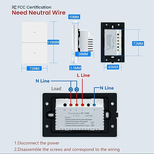 Smart Light Switch Need Neutral Wire,FCC Certified,2.4GHz WiFi Push Button Switch Compatible with Alexa,APP Control Compatible with Tuya/Smart Life,White 2 Gang