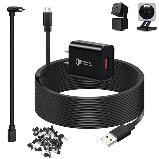 50ft Power Cord for Wyze Cam v4, Wyze Cam Pan v3, Wyze OG, Wyze v3 Pro Security Cameras - 15m Long Flat Extension Micro USB Charging Cable with L-Shaped Short Adapter and 18W Fast Charger, Black