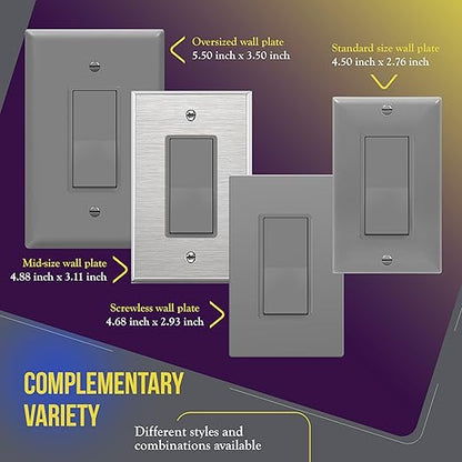 ENERLITES Single Pole Decorator Paddle Light Switch, Residential Grade, 15A 120V-277V, Gloss Finish, Grounding Screw, Back Insert and Side Terminals, 91150-GY, Gray