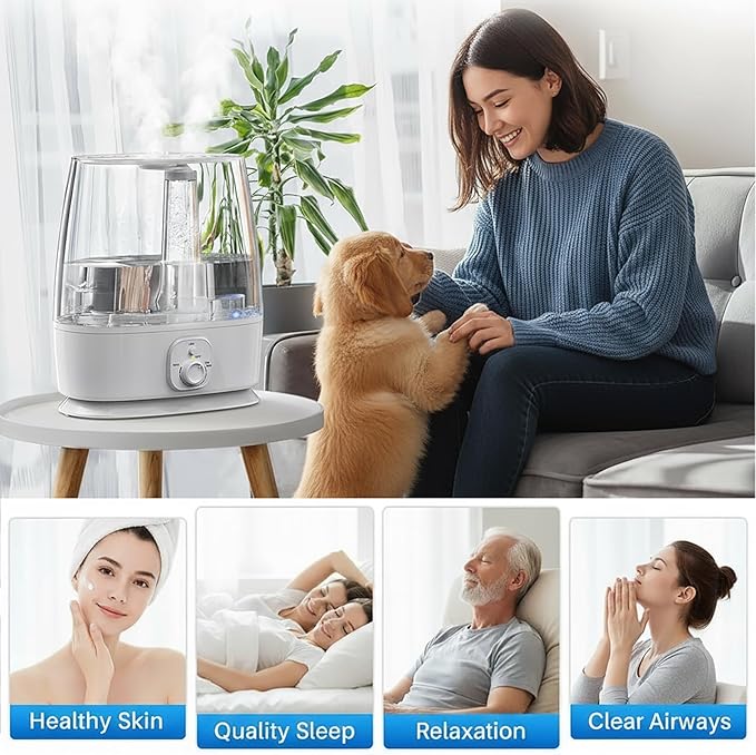 Novaspark 6L Humidifier Large Room 500 Sq Ft, 60H Ultrasonic Cool Mist Top Fill, Whisper Quiet 28dB, Auto Shut-Off, Night Light for Baby Nursery Bedroom Plants - 1.6 Gallon