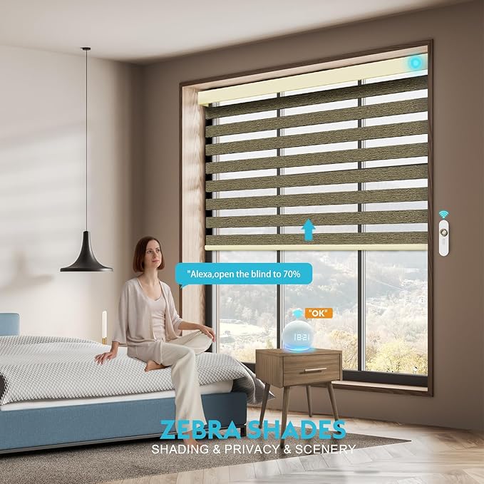 Motorized Zebra Blinds with Remote, Work with HomeKit Alexa, Smart Light Filtering Horizontal Automatic Electric Window Shades for Home Office Customsize（90% Blackout Brown）